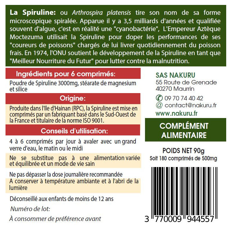 NAKURU Spiruline — 180 comprimés — Étiquette dos
