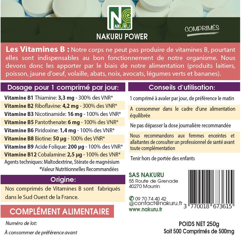 NAKURU Vitamines B Complexe — 500 comprimés — Étiquette dos