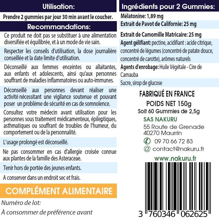 Sommeil Gummies | 60 Gummies / 30 Jours | Gamme Relax | Saveur: Framboise + Cassis |Fabriqué en Fran