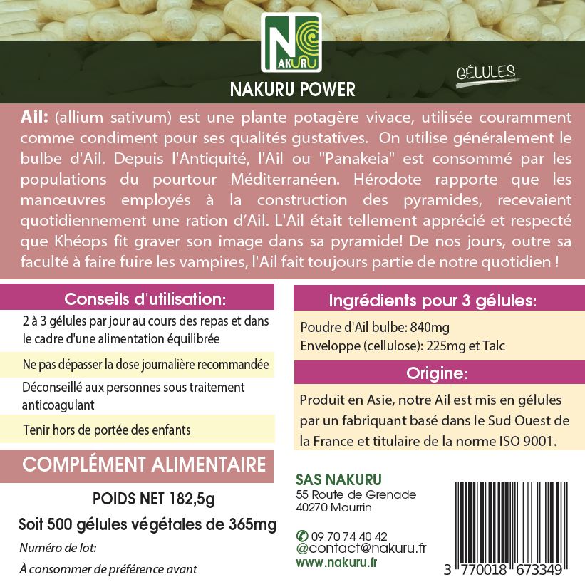 Ail | 500 Gélules Végétales | Gamme Power | Fabriqué en France | "L'Héritage des Pharaons!"