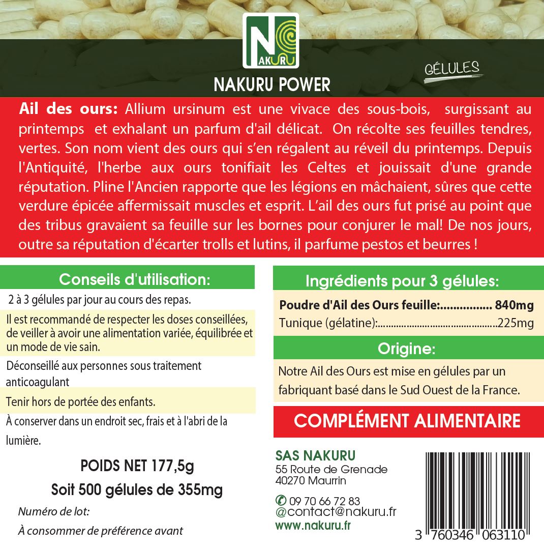 Ail des Ours | 500 Gélules | Gamme Power | Fabriqué en France |  "La Force Tranquille des Sous-Bois !"