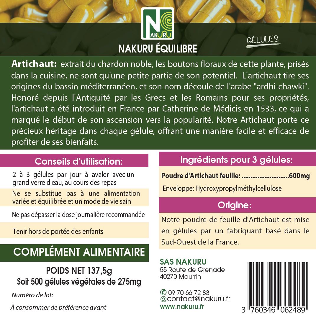 Artichaut | 500 Gélules Végétales | Gamme Équilibre | Fabriqué en France | "Le Roi des Légumes!"