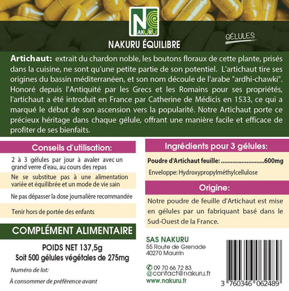 Artichaut | 500 Gélules Végétales | Gamme Équilibre | Fabriqué en France | "Le Roi des Légumes!"