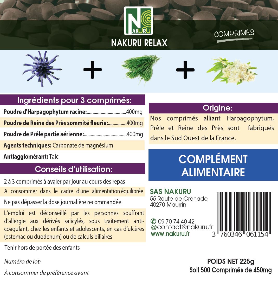 Articulation = Harpagophytum + Prêle + Reine des Près | 500 Comprimés | Gamme Relax | Fabriqué en France
