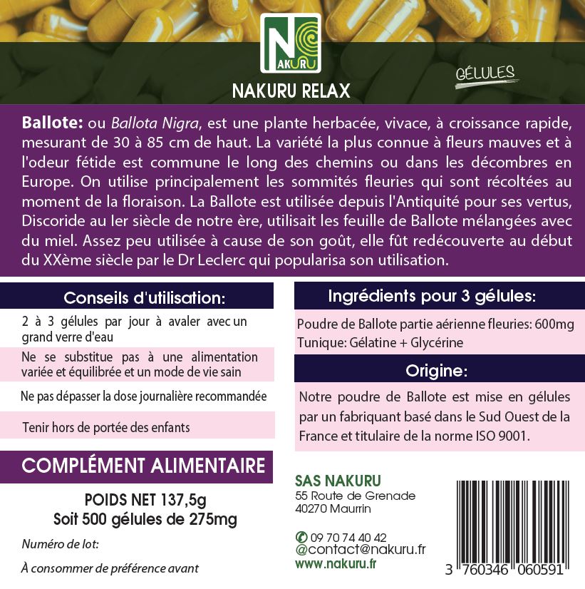 Ballote | 500 Gélules | Gamme Relax | Fabriqué en France | "Le Marrube Noir !"