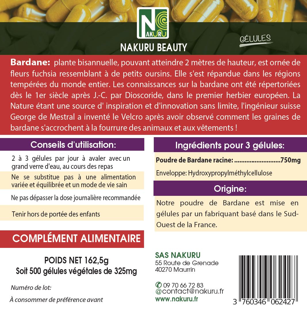Bardane | 500 Gélules Végétales | Gamme Beauty | Fabriqué en France | "La Rhubarbe du Diable!"