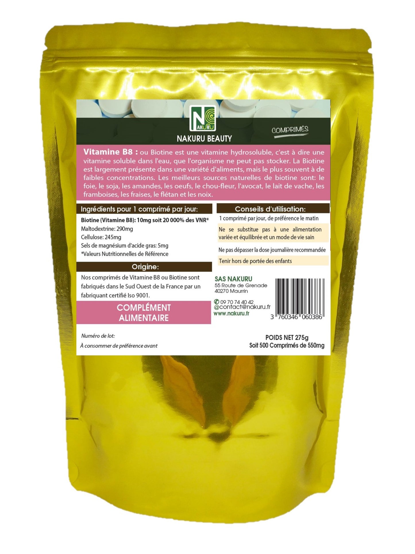 Biotine 10 000 µg / Vitamine B8 / 500 Comprimés | Gamme Beauty | Fabriqué en France