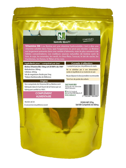 Biotine 10 000 µg / Vitamine B8 / 500 Comprimés | Gamme Beauty | Fabriqué en France
