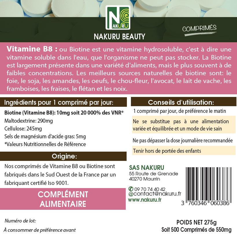 Biotine 10 000 µg / Vitamine B8 / 500 Comprimés | Gamme Beauty | Fabriqué en France