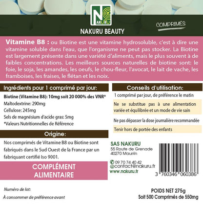 Biotine 10 000 µg / Vitamine B8 / 500 Comprimés | Gamme Beauty | Fabriqué en France