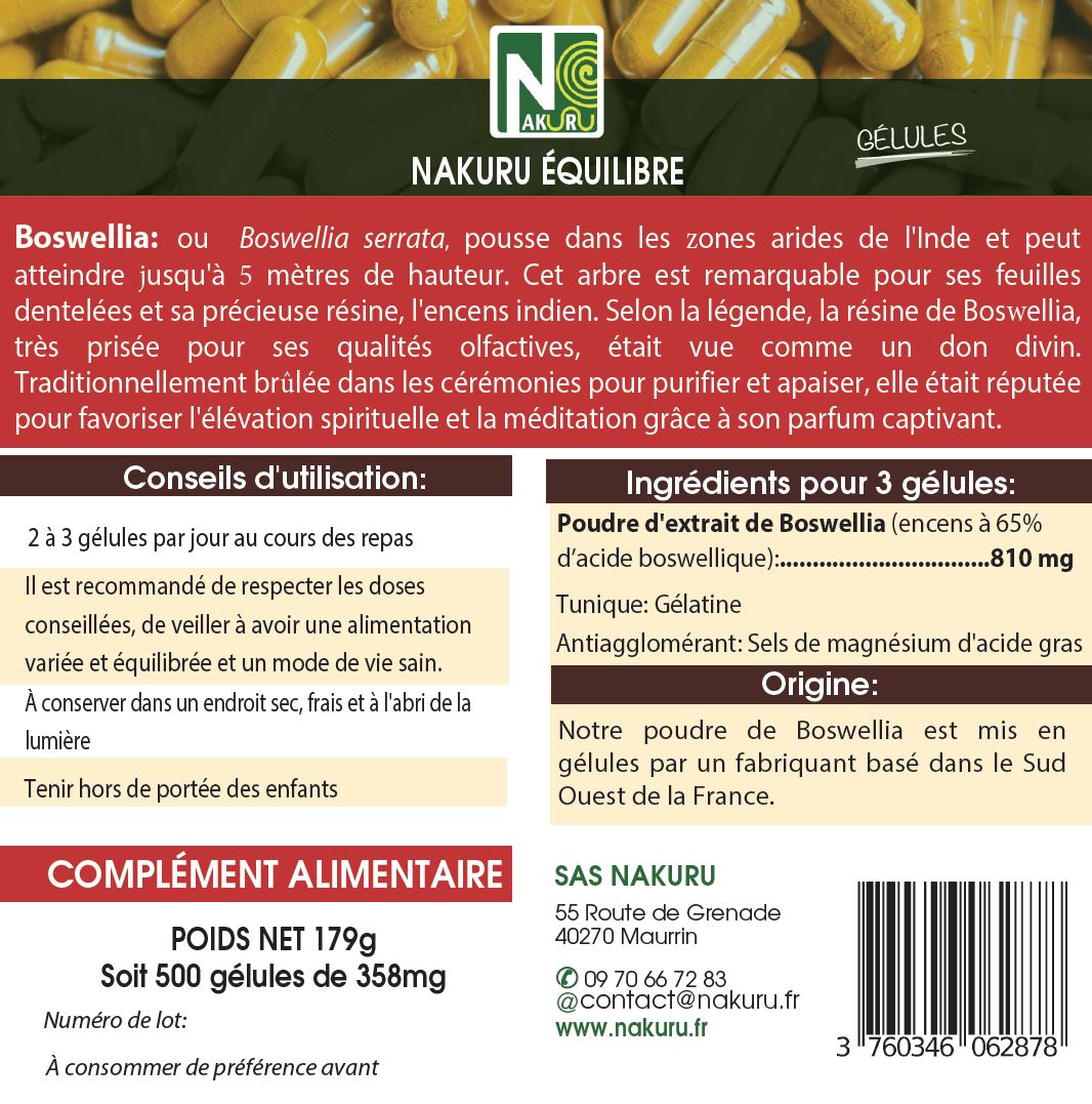 Boswellia | 500 Gélules | Gamme Équilibre | Fabriqué en France | "L'Encens Indien !"
