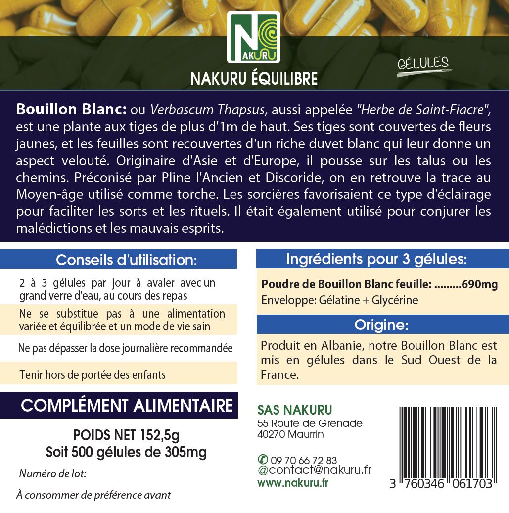 Bouillon Blanc | 500 Gélules | Gamme Équilibre | Fabriqué en France | "L'Herbe de Saint Fiacre !"