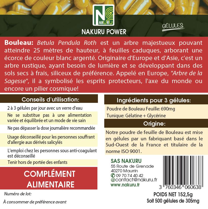 Bouleau | 500 Gélules | NAKURU Power | Fabriqué en France | "L'Arbre de la Sagesse !"