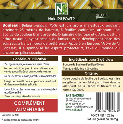Bouleau | 500 Gélules | NAKURU Power | Fabriqué en France | "L'Arbre de la Sagesse !"