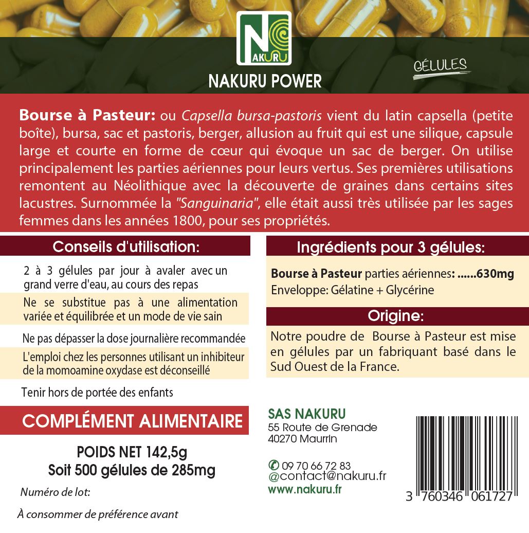 Bourse à Pasteur | 500 Gélules | Gamme Power | Fabriqué en France | "Sanguinaria !"