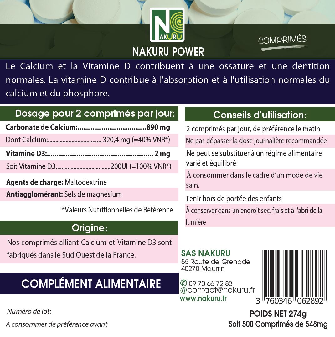 Calcium + Vitamine D3 | 500Comprimés |  Gamme Power | Fabriqué en France | "La Puissance Minérale !"