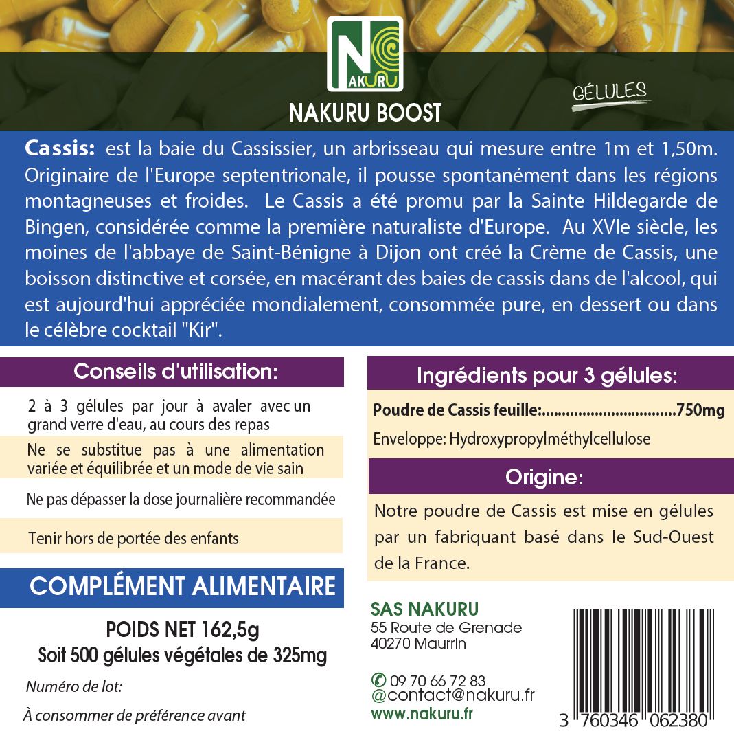 Cassis | 500 Gélules Végétales | Gamme Boost | Fabriqué en France | "La Baie du Bonheur!"