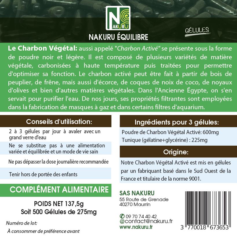 Charbon Végétal | 500 Gélules | Gamme Équilibre | Fabriqué en France | "Le Diamant Noir!"