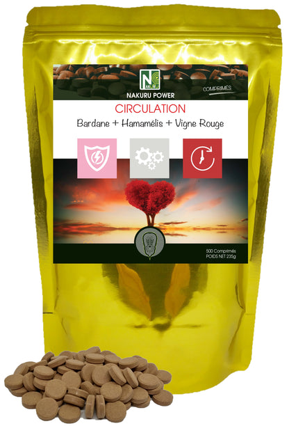 Circulation = Bardane + Hamamélis + Vigne Rouge | 500 Comprimés | Gamme Power | Fabriqué en France
