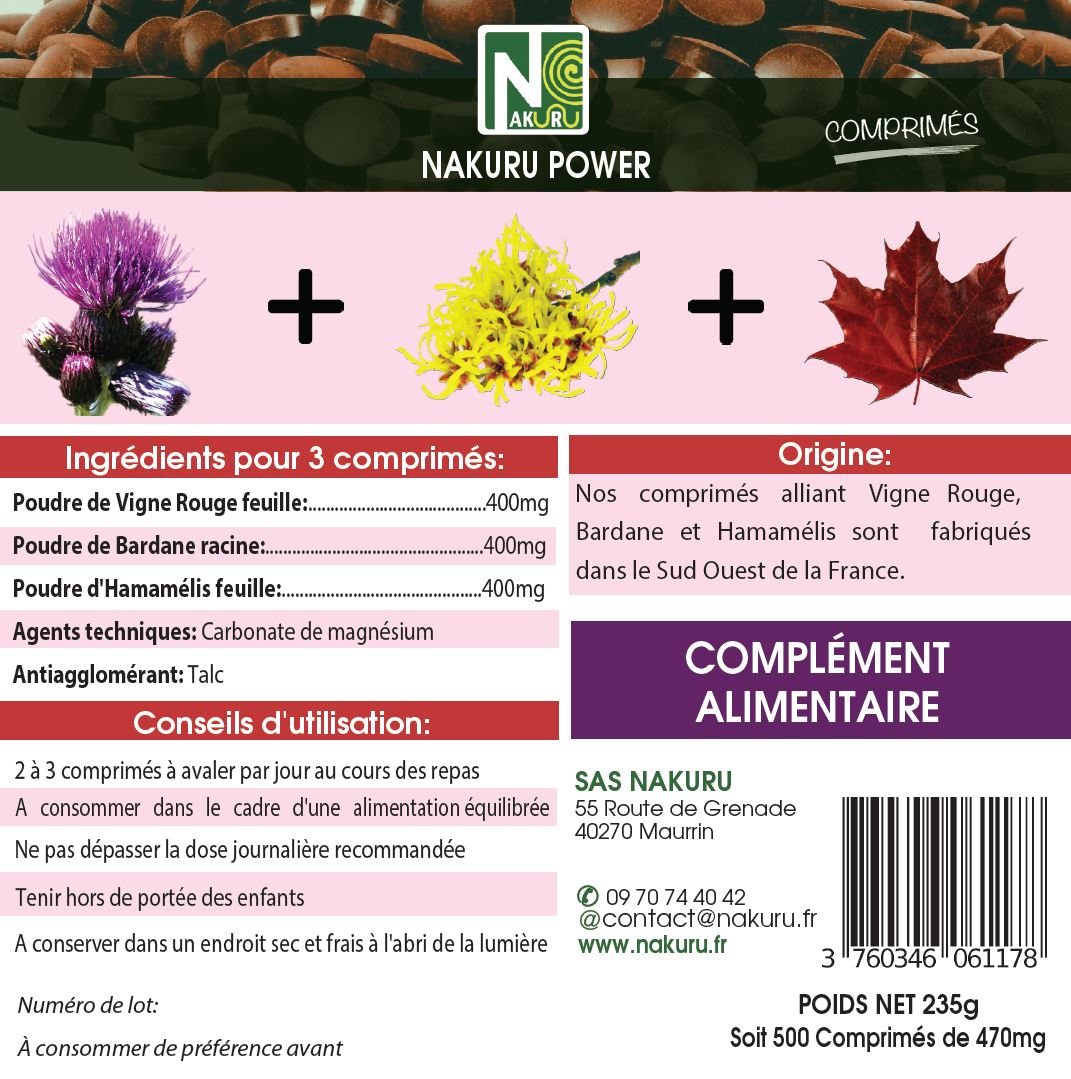 Circulation = Bardane + Hamamélis + Vigne Rouge | 500 Comprimés | Gamme Power | Fabriqué en France
