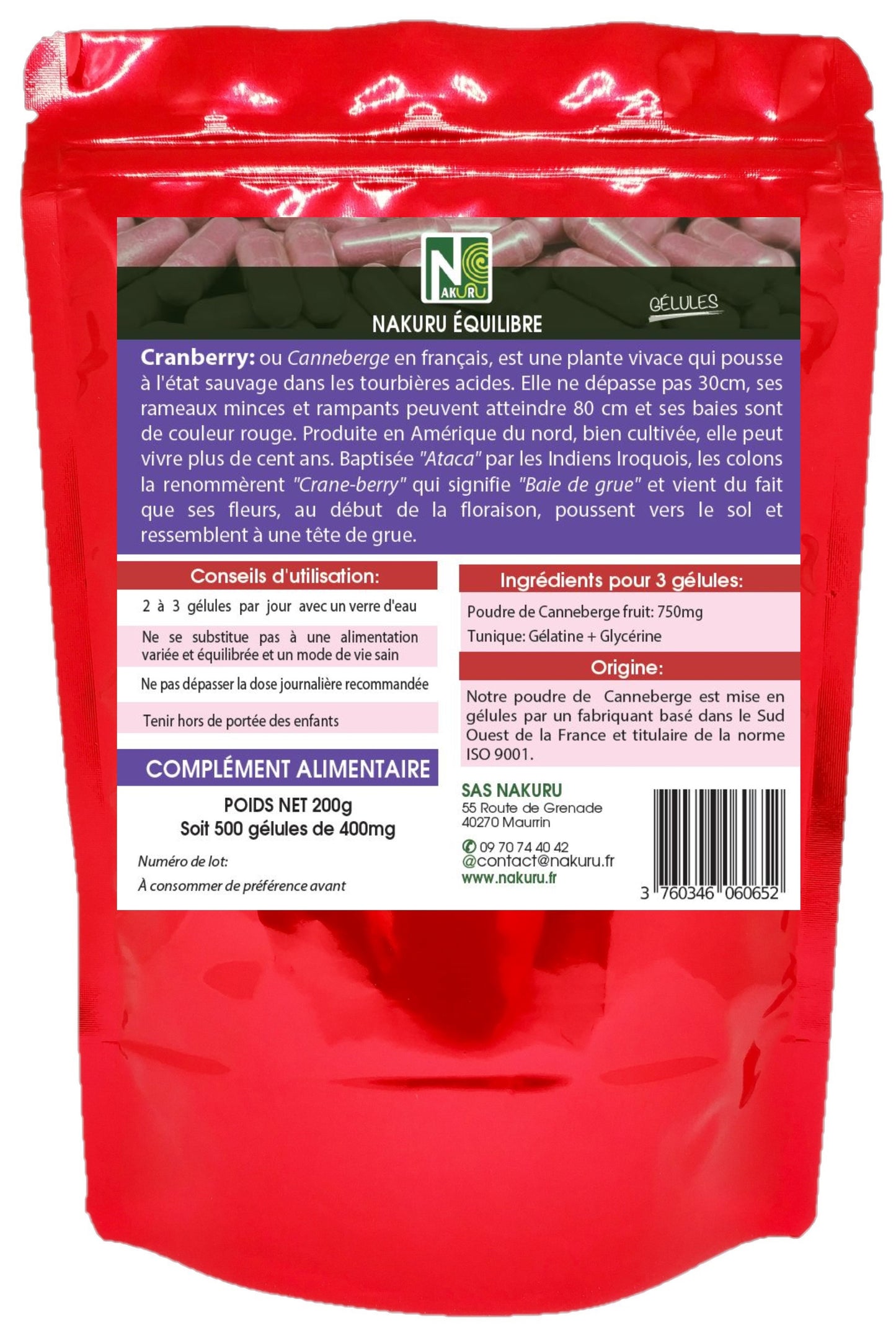 Cranberry | 500 Gélules | Gamme Équilibre | Fabriqué en France | "La Baie de la Grue !"