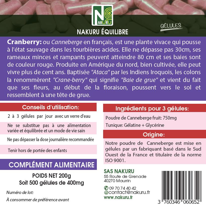 Cranberry | 500 Gélules | Gamme Équilibre | Fabriqué en France | "La Baie de la Grue !"