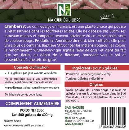 Cranberry | 500 Gélules | Gamme Équilibre | Fabriqué en France | "La Baie de la Grue !"