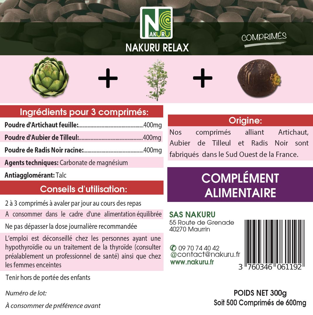 Détox = Artichaut + Aubier de Tilleul + Radis Noir | 500 Comprimés | NAKURU Équilibre | Fabriqué en France