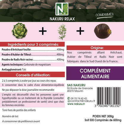 Détox = Artichaut + Aubier de Tilleul + Radis Noir | 500 Comprimés | NAKURU Équilibre | Fabriqué en France