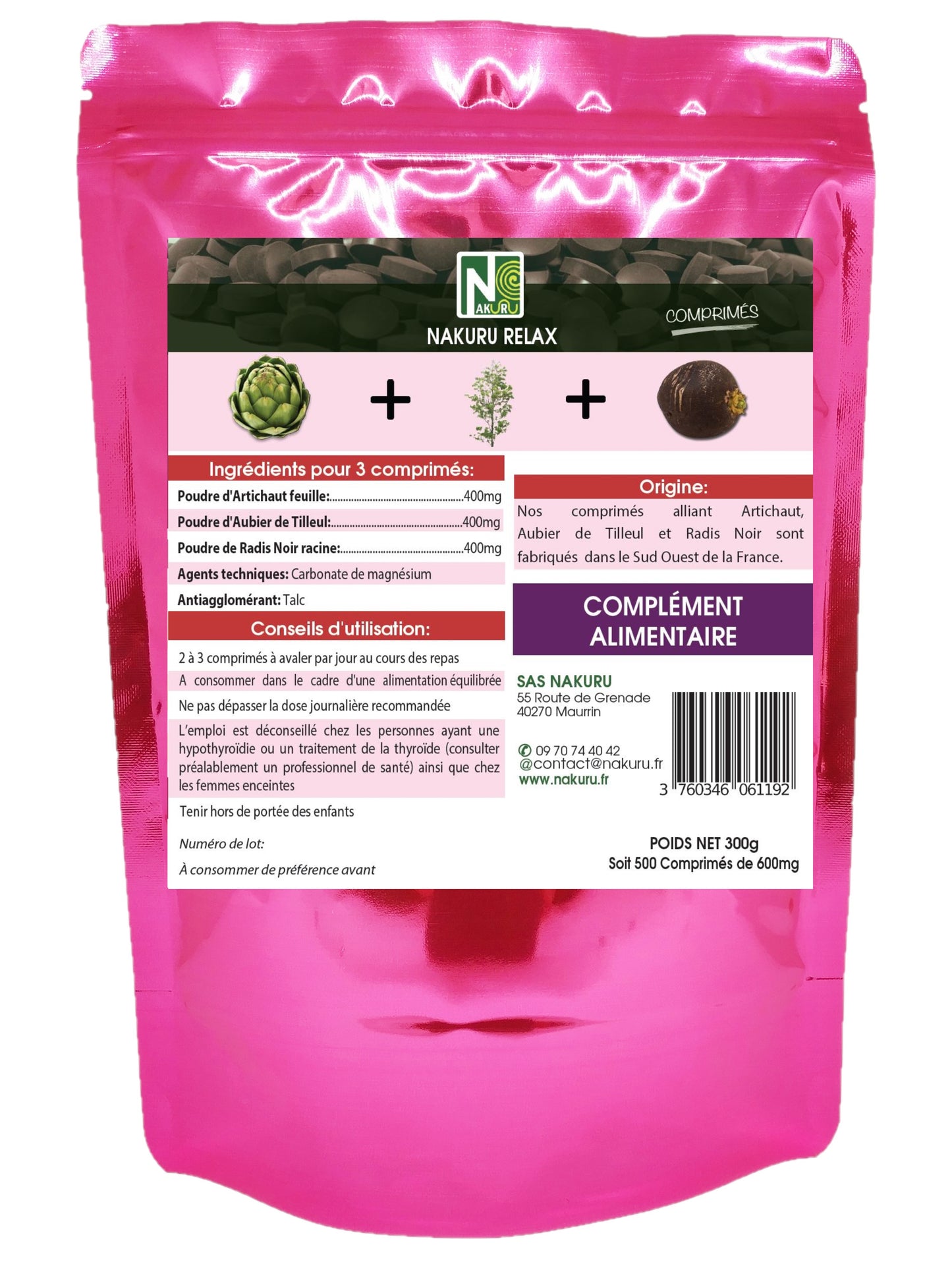 Détox = Artichaut + Aubier de Tilleul + Radis Noir | 500 Comprimés | NAKURU Équilibre | Fabriqué en France