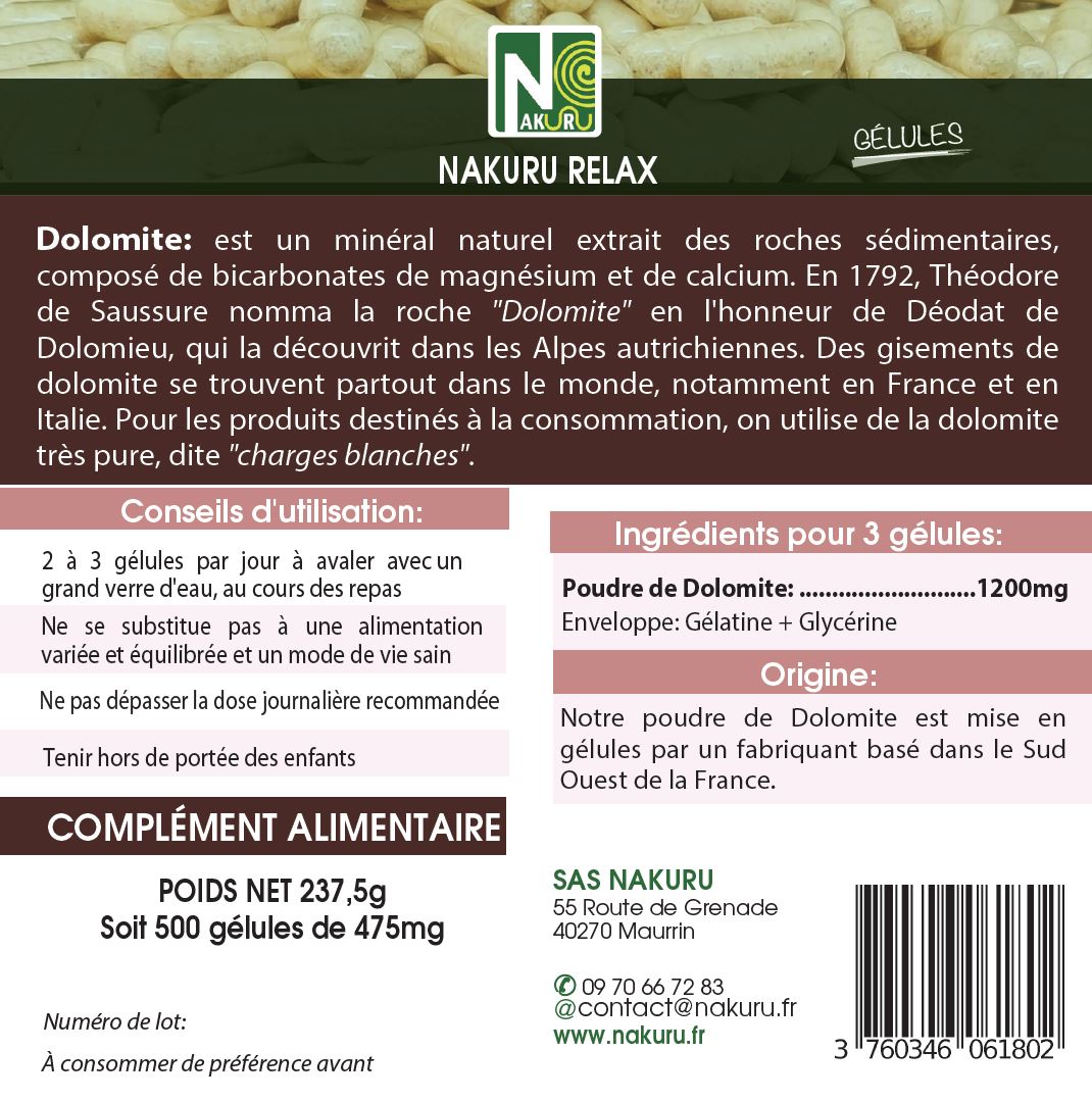 Dolomite | 500 Gélules | Gamme Relax | Fabriqué en France | "Le Minéral des Dieux !"