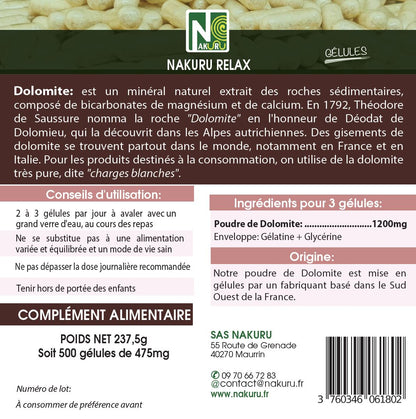 Dolomite | 500 Gélules | Gamme Relax | Fabriqué en France | "Le Minéral des Dieux !"