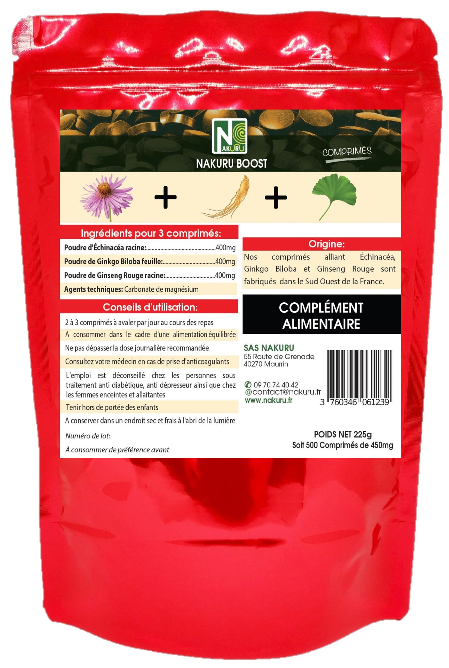 Énergie = Échinacéa + Ginseng Rouge + Ginkgo Biloba | 500 Comprimés | Gamme Boost | Fabriqué en France