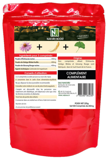 Énergie = Échinacéa + Ginseng Rouge + Ginkgo Biloba | 500 Comprimés | Gamme Boost | Fabriqué en France