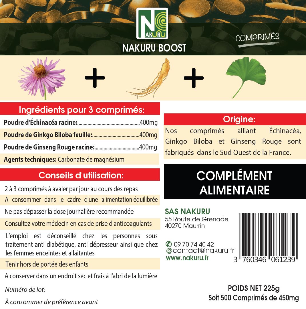 Énergie = Échinacéa + Ginseng Rouge + Ginkgo Biloba | 500 Comprimés | Gamme Boost | Fabriqué en France