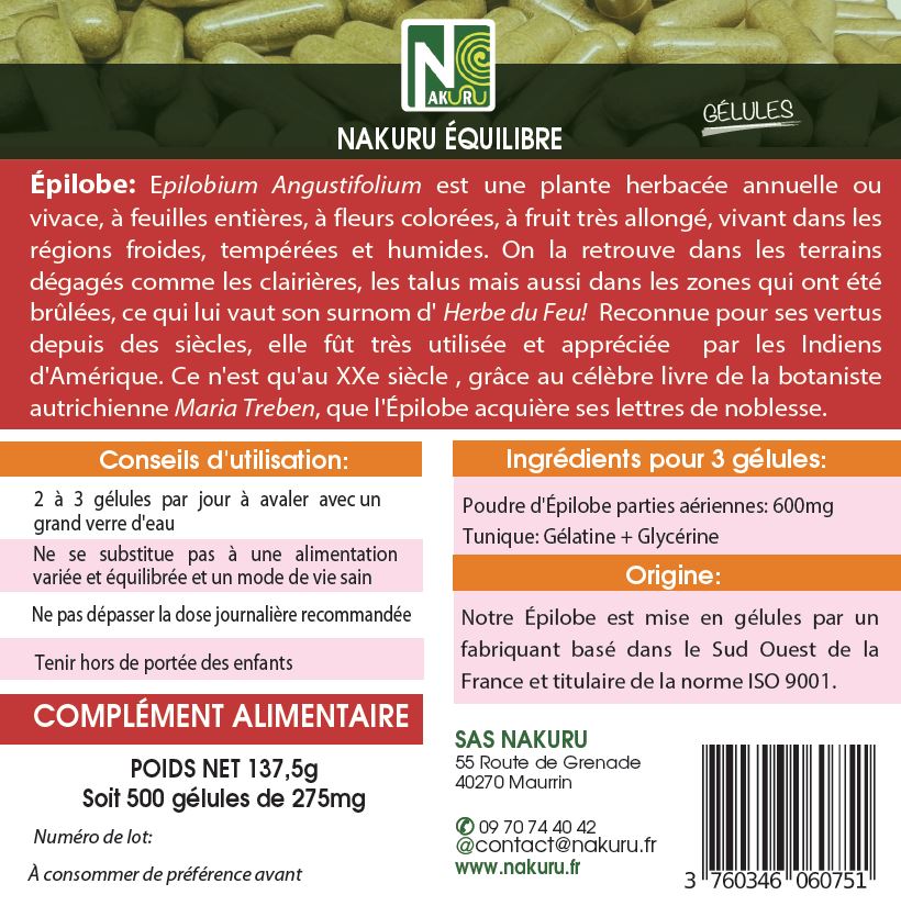 Épilobe | 500 Gélules |Gamme Équilibre | Fabriqué en France | "L'Herbe du Feu !"