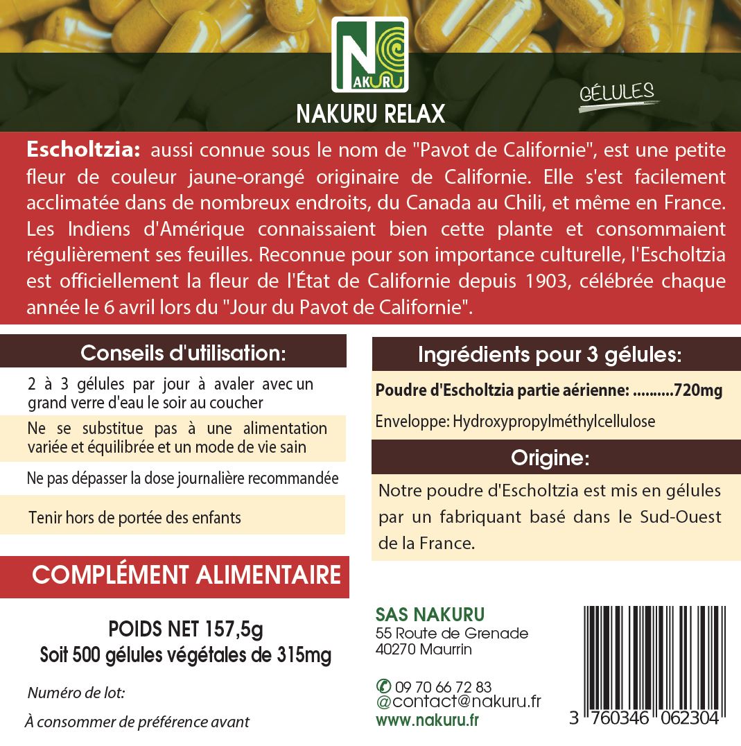 Escholtzia | 500 Gélules Végétales |  Gamme Relax | Fabriqué en France | "Le Secret des Rêveurs!"