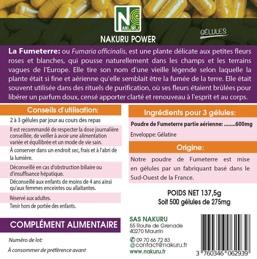 Fumeterre | 500 Gélules |Gamme Power | Fabriqué en France | "La Fleur de Terre !"