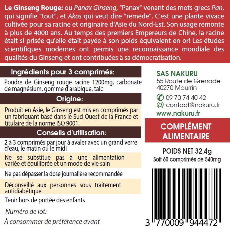 Ginseng Rouge | 60 Comprimés | Gamme Power | Fabriqué en France | "La Racine de longue Vie!"