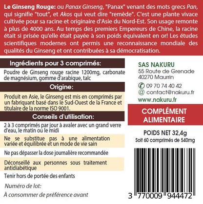 Ginseng Rouge | 60 Comprimés | Gamme Power | Fabriqué en France | "La Racine de longue Vie!"