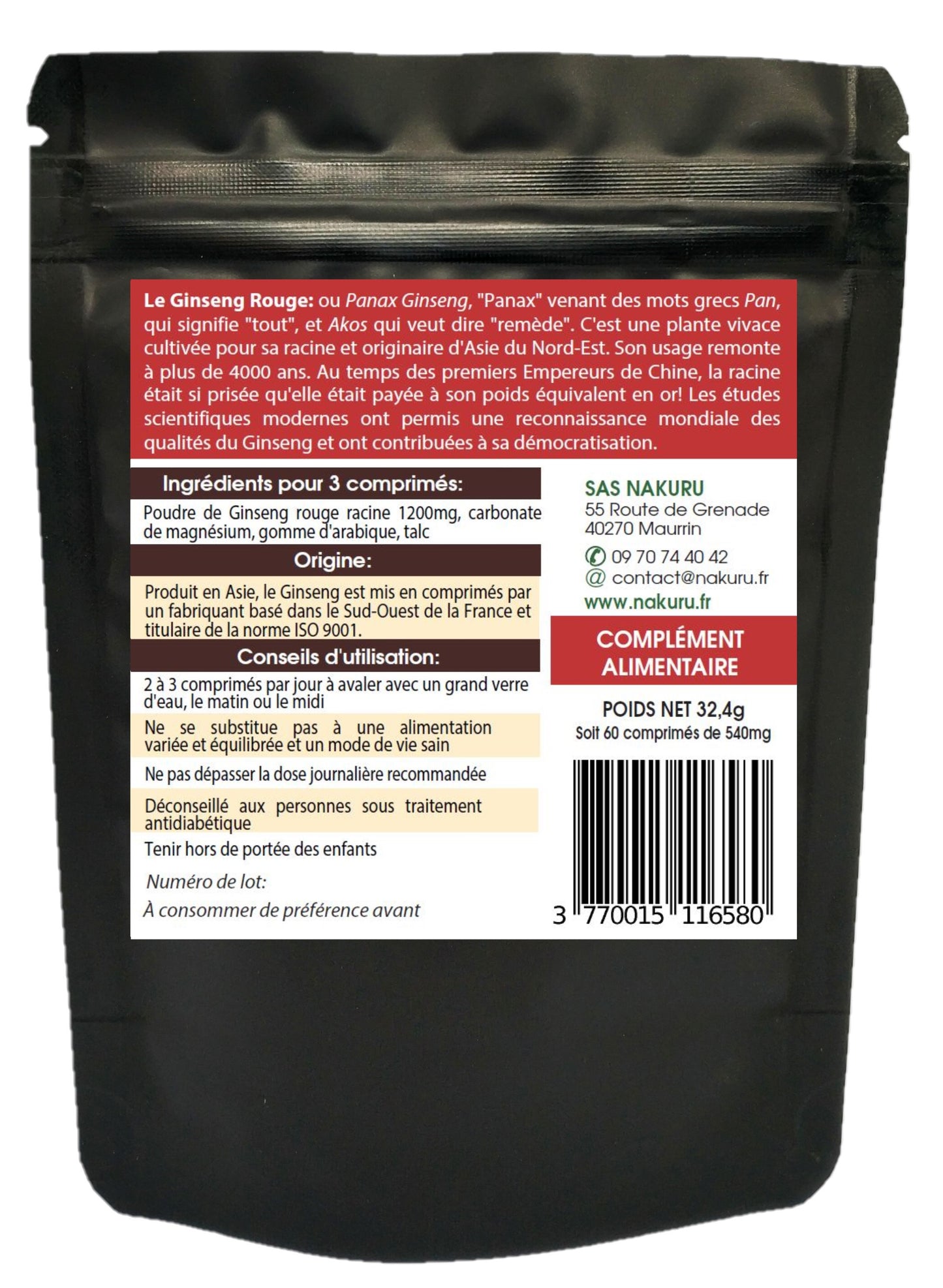Ginseng Rouge | 60 Comprimés | Gamme Power | Fabriqué en France | "La Racine de longue Vie!"