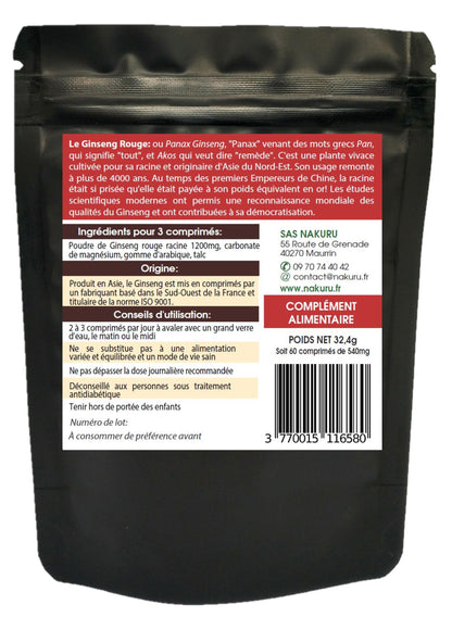 Ginseng Rouge | 60 Comprimés | Gamme Power | Fabriqué en France | "La Racine de longue Vie!"
