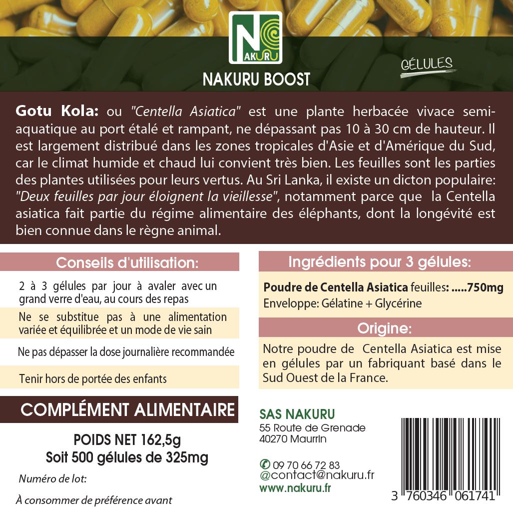Gotu Kola | 500 Gélules | Gamme Boost | Fabriqué en France | "Centella Asiatica !"