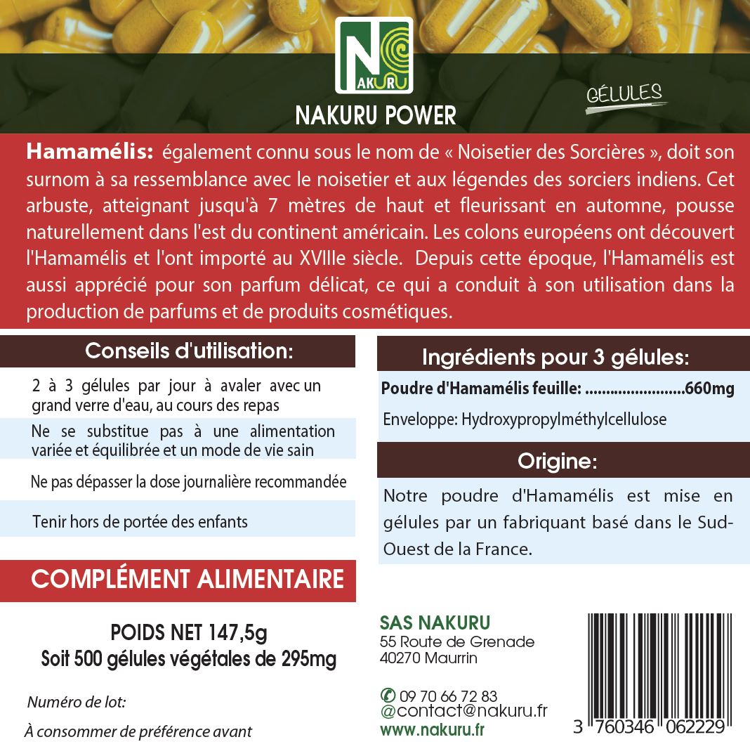 Hamamélis | 500 Gélules Végétales | Gamme Power | Fabriqué en France | "La Vitalité de la Fée Noisetier!"