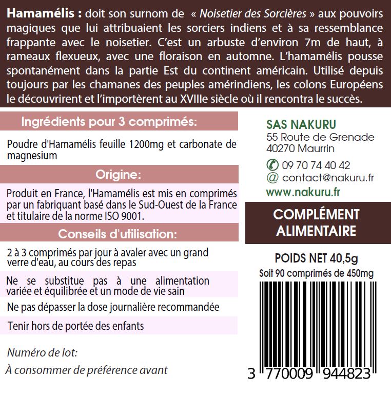 Hamamélis | 90 Comprimés |Gamme Power | Fabriqué en France | "Le Noisetier des Sorcières!"