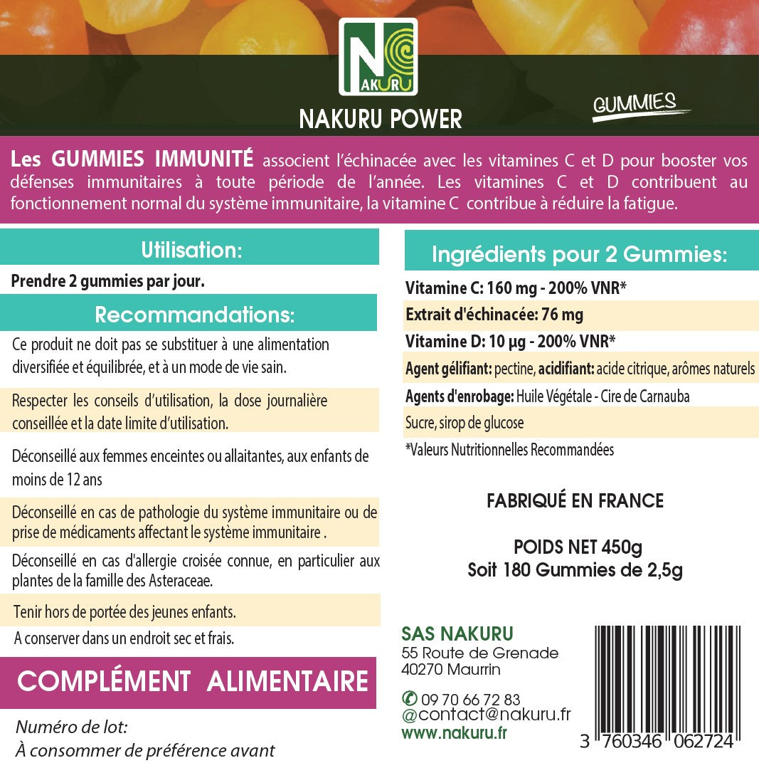 Immunité Gummies | 180 Gummies / 90 Jours | Gamme Power | Saveur: Fruit de la Passion |Fabriqué en France | "Échinacée + Vitamines C et D3 !"