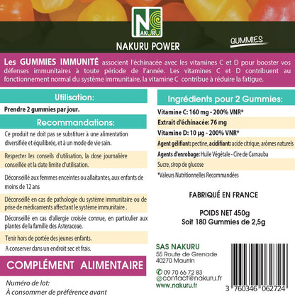 Immunité Gummies | 180 Gummies / 90 Jours | Gamme Power | Saveur: Fruit de la Passion |Fabriqué en France | "Échinacée + Vitamines C et D3 !"