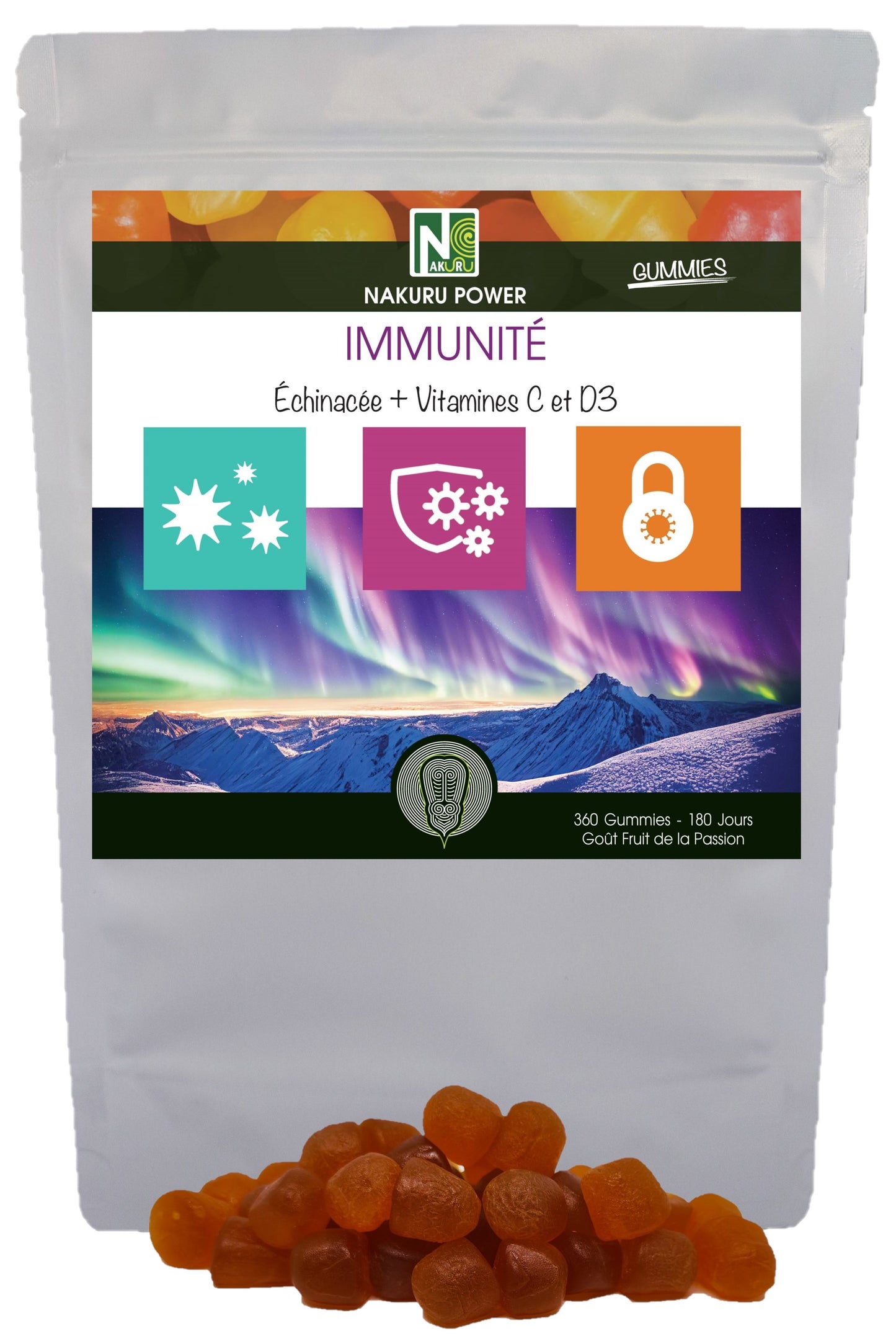 Immunité Gummies | 360 Gummies / 180 Jours | Gamme Power | Saveur: Fruit de la Passion |Fabriqué en France | "Échinacée + Vitamines C et D3 !"