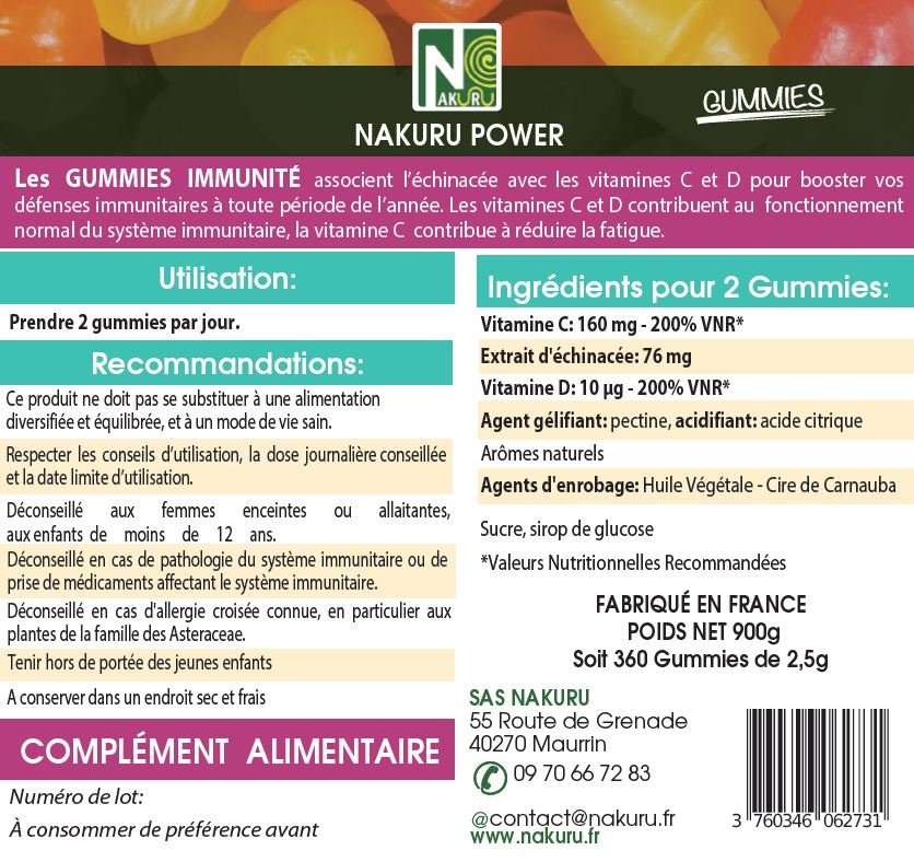 Immunité Gummies | 360 Gummies / 180 Jours | Gamme Power | Saveur: Fruit de la Passion |Fabriqué en France | "Échinacée + Vitamines C et D3 !"