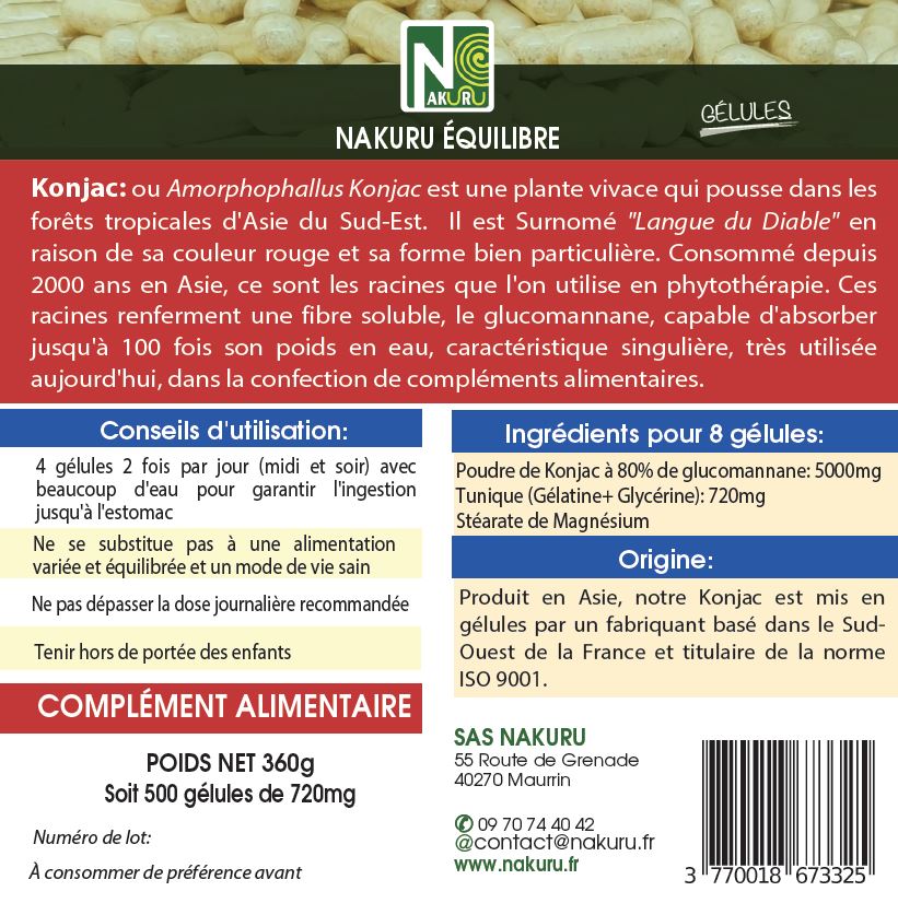 Konjac | 500 Gélules | Gamme Équilibre | Fabriqué en France | "La Langue du Diable !"
